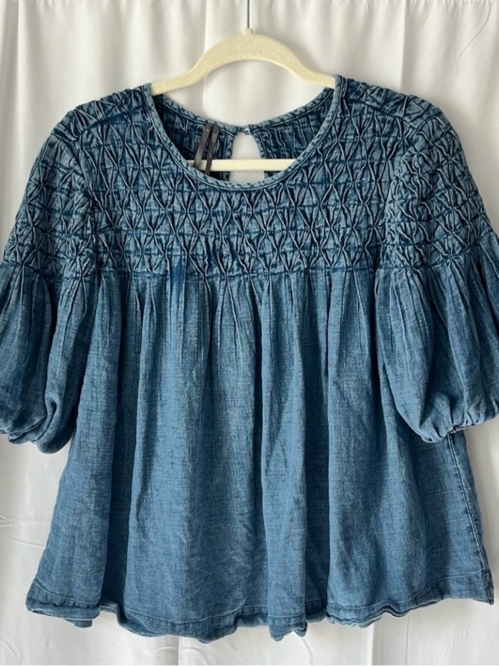 Anthropologie Denim Blue Smocked Peasant Peplum Tunic XL LN